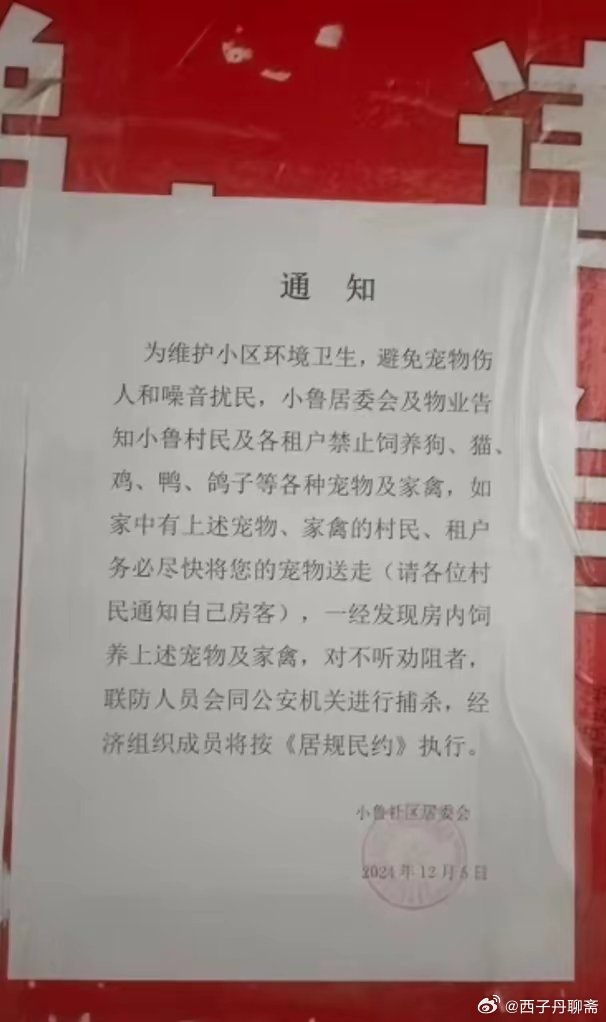 物业通知，严禁住户养宠物及违规捕杀，相关措施严格执行通知